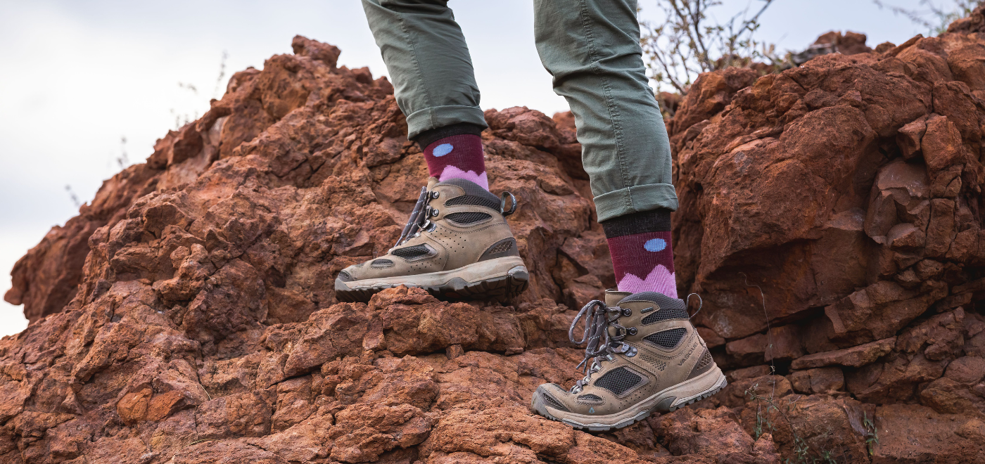 woman hiking in her non-itchy merino wool socks